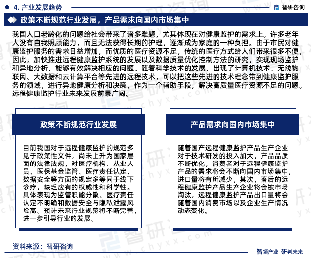 随着科学技术的发展，出现了计算机技术、无线物联网、大数据和云计算平台等先进的远程技术，可以把这些先进的技术理念带到健康监护服务的领域，进行异地健康分析和决策，作为一个辅助手段，解决高质量医疗资源不足的问题。远程健康监护行业未来发展前景广阔。