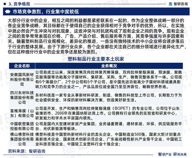 随着塑料制品行业规模化、差异化的推进，一些没有独特技术的中小企业将会逐步落后于行业的整体发展。由于下游行业众多，各个企业都在关注自己的细分领域进行差异化生产，但在这种细分行业中的企业竞争还是较为激烈。