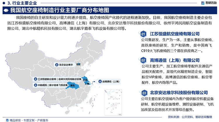 我国航空座椅的自主研发和设计能力将逐步提高，航空座椅国产化替代的进程逐渐加快。目前，我国航空座椅制造主要企业包括江苏恒盛航空座椅有限公司、高博通信（上海）有限公司、北京安达维尔科技股份有限公司、徐州宇鸿民用航空设备制造有限公司、湖北中航精机科技有限公司、湖北航宇嘉泰飞机设备有限公司等。