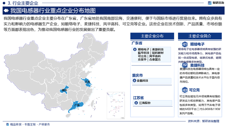 我国电感器行业重点企业主要分布在广东省，广东省地处我国南部沿海，交通便利，便于与国际市场进行贸易往来。拥有众多具有实力和影响力的电感器生产企业，如顺络电子、麦捷科技、风华高科、可立克等企业。这些企业在技术创新、产品质量、市场份额等方面都表现出色，为推动我国电感器行业的发展做出了重要贡献。